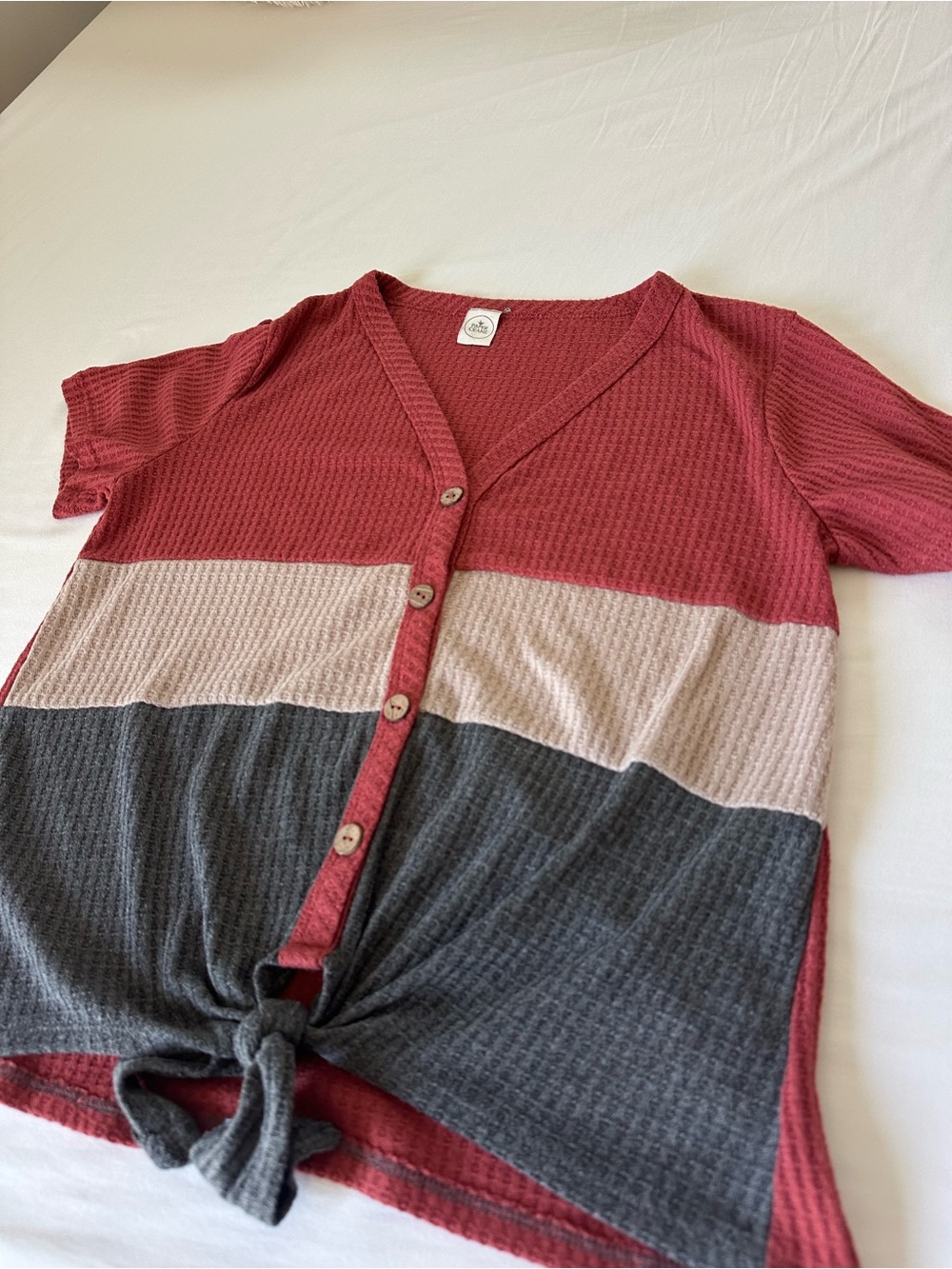 Paper Crane Red, Cream & Gray Colorblock Waffle-Knit Button Top